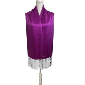 Jil Dever Silk Scarf Fuchsia 10.75 Wide 62” Long Plus 6” Black Beaded Fringe EUC